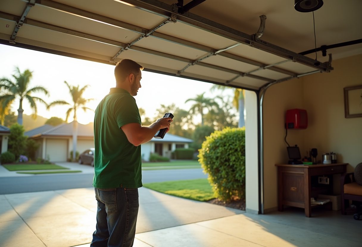 Technician adjusting a belt-drive garage opener — Mudgeeraba